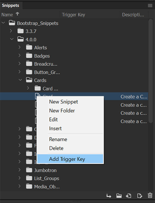 Select Add Trigger Key in the Snippets panel