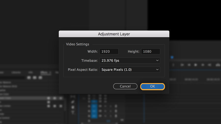 Video settings for adjustment layer match sequence.