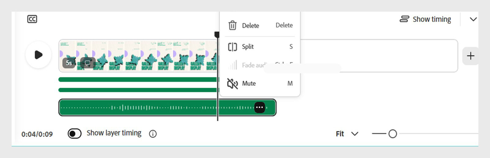 The video sceneline panel displays a green audio track panel with a right-click menu open, showing options to delete, mute, or split the audio track. The audio waveform is visible for the soundtrack.