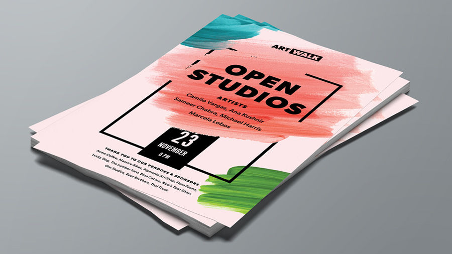 A stack of flyers announcing an artist open studios event.