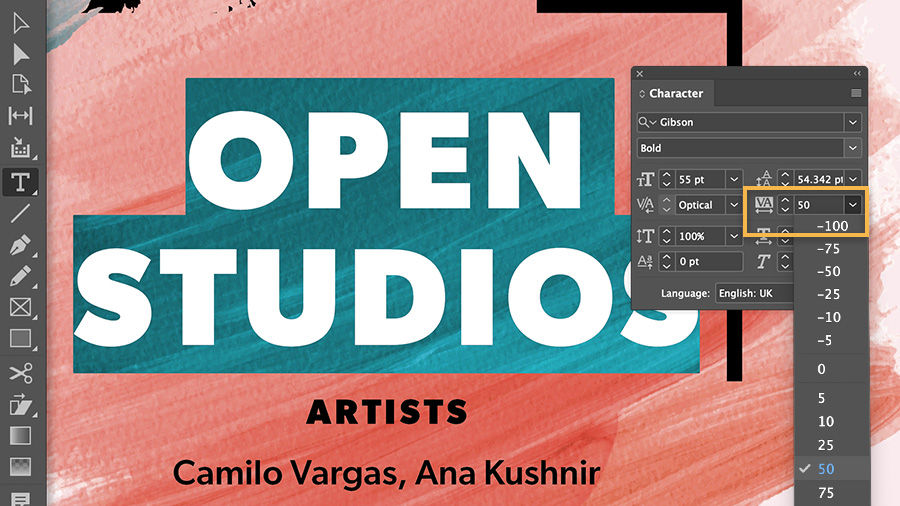 The OPEN STUDIOS headline has a tracking value of 50 applied. The TRACKING menu is open and shows options.