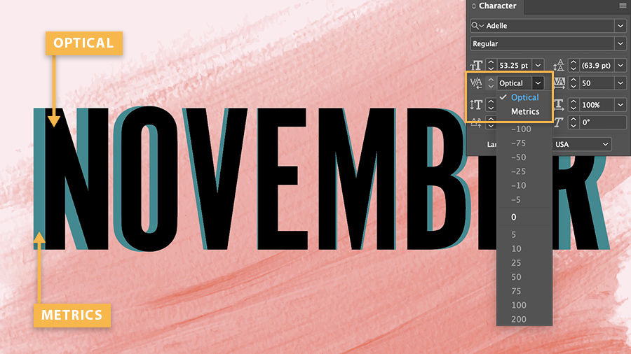 Two versions of NOVEMBER headline text are layered on top of each other, showing slight differences between Optical and Metrics kerning.