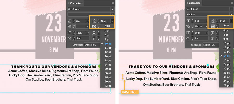 A paragraph containing a subhead and body text has 8pt over 14pt leading applied.