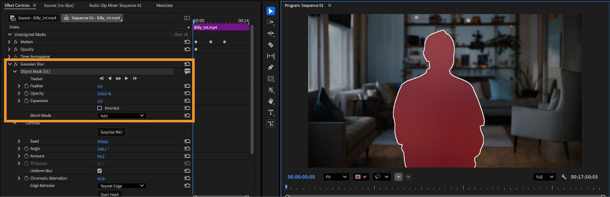 In the Effect Controls panel, the properties are displayed when the mask is selected in the Program Monitor.