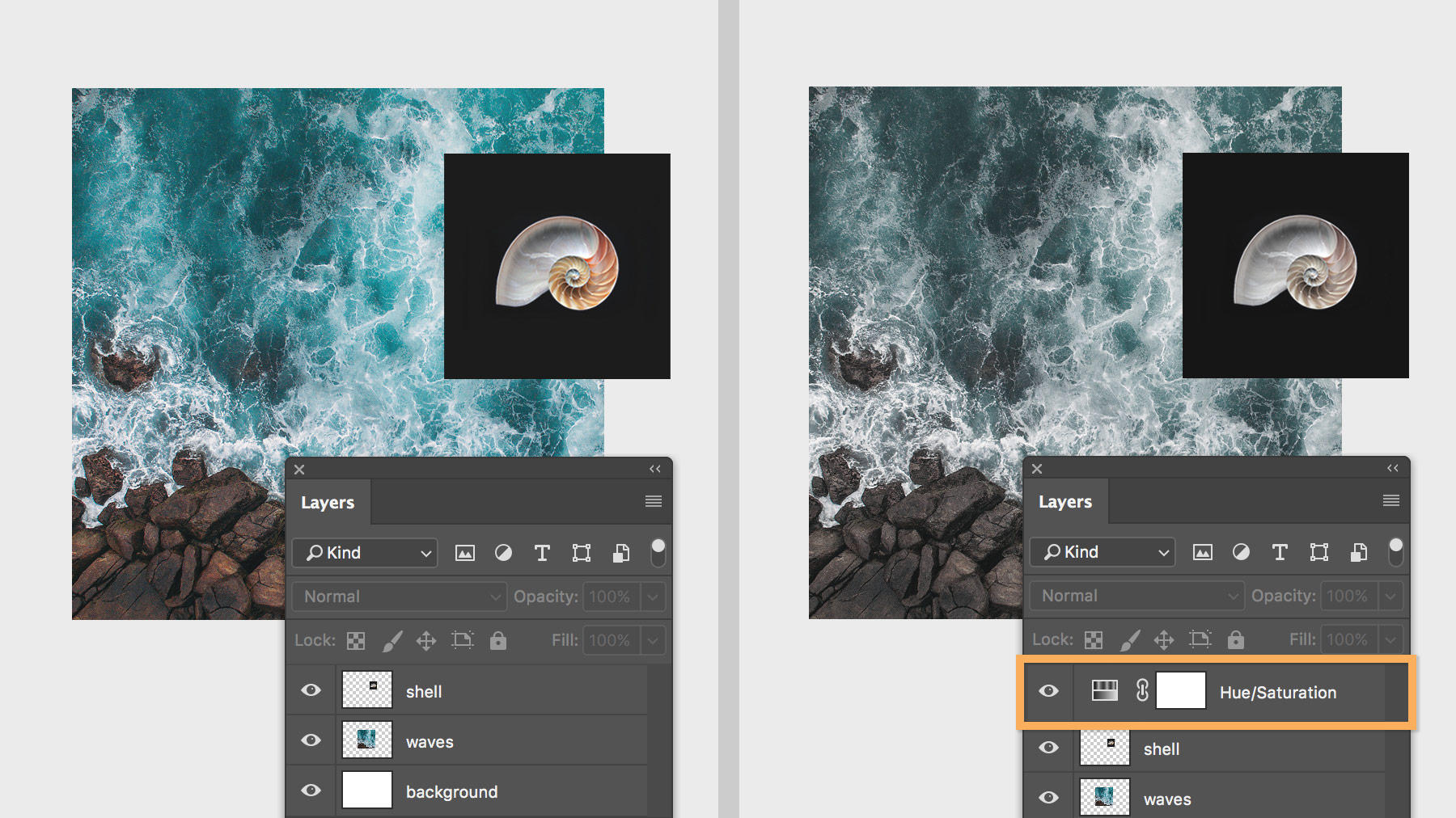 Hue/Saturation layer affects all layers below it. It is added above the shell and wave layers to desaturate both layers. 