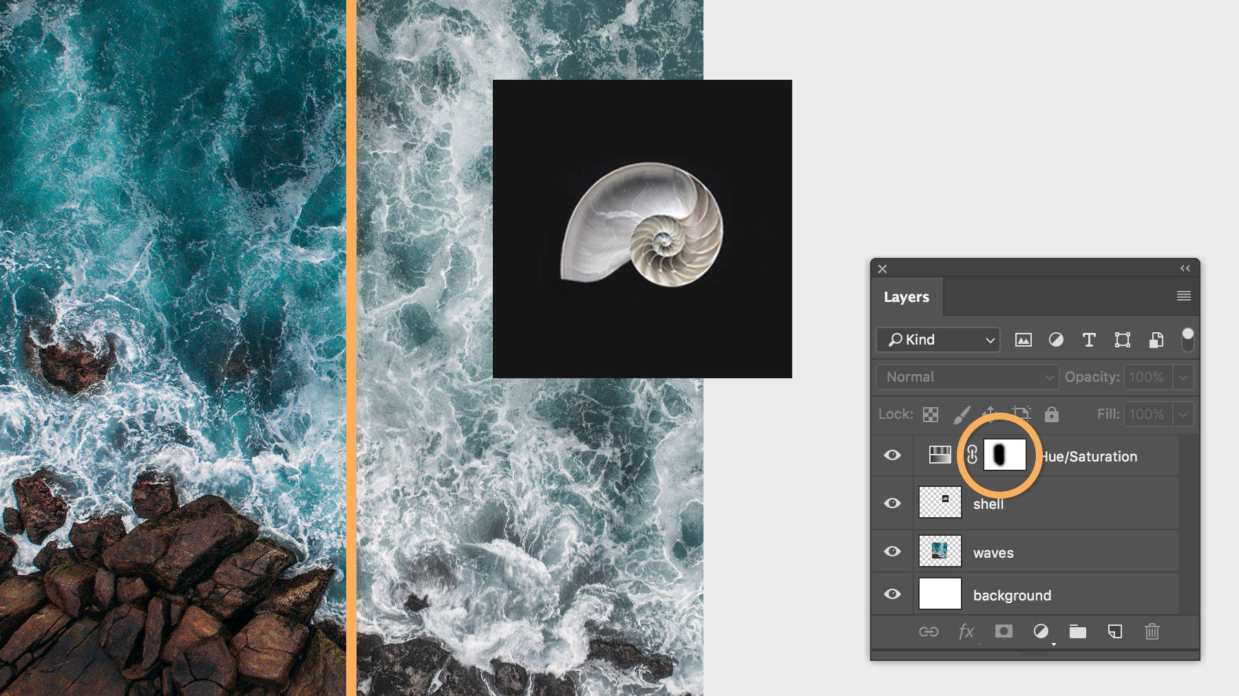 Black is added to the layer mask with a painting tool to hide that portion of the image from the adjustment layer