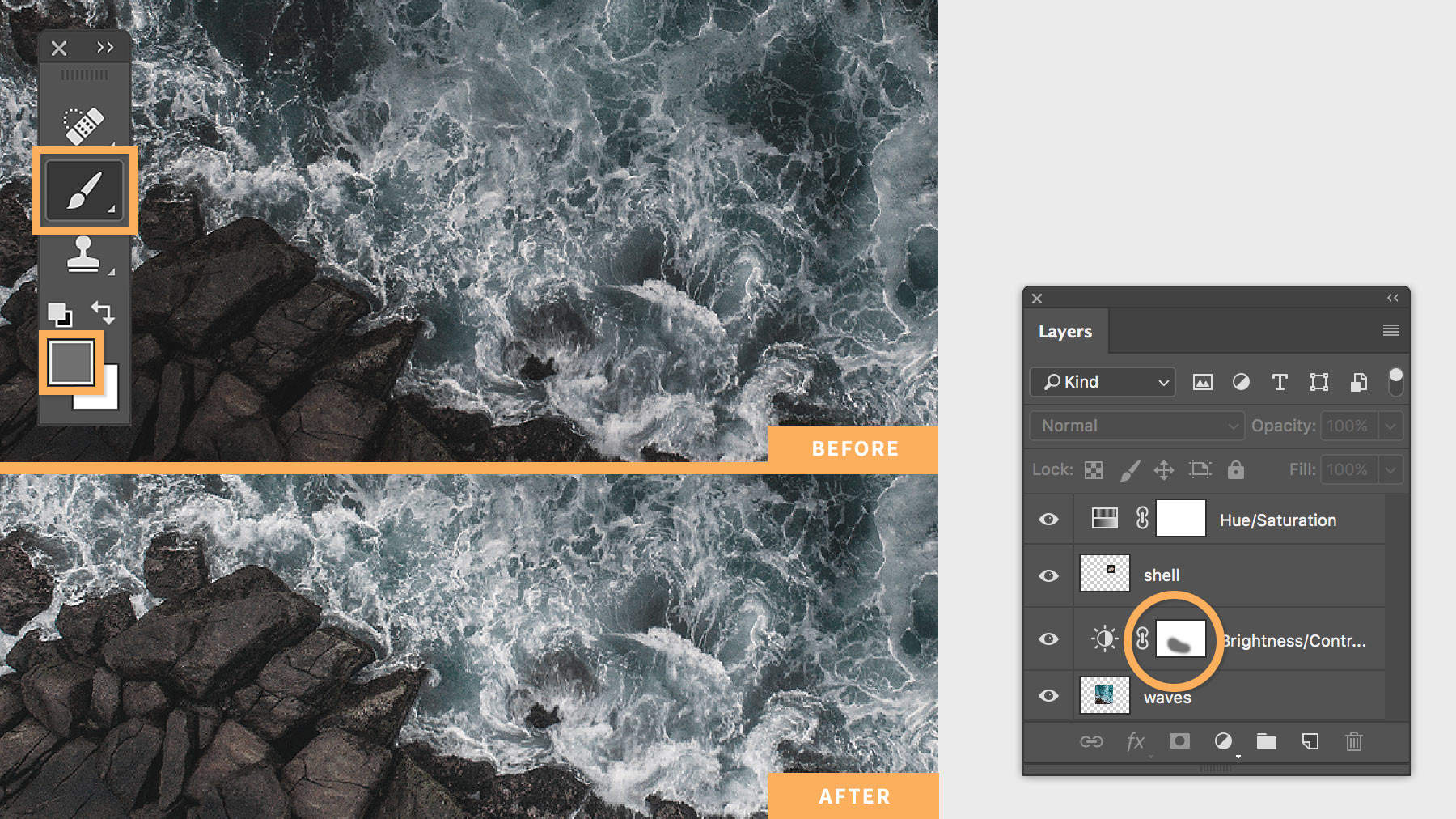 Painting the layer mask with shades of white or gray partially hides the adjustment layer. Black hides the effect completely.
