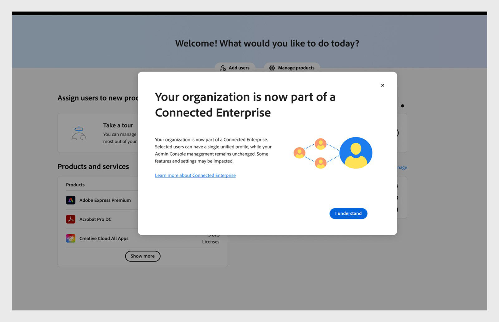 A dialog to notify that your organization is now part of a Connected Enterprise, with a Learn more link and I understand button.