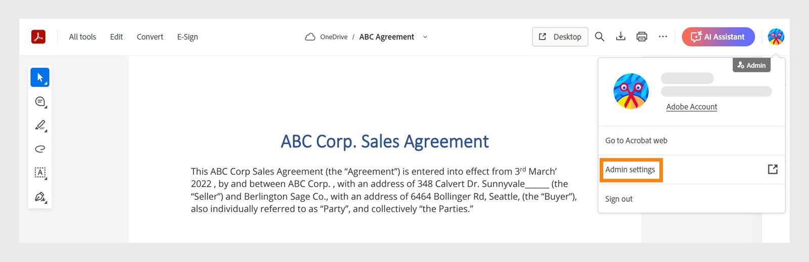 A document is open in Acrobat for OneDrive. The profile icon is selected and the 'Admin settings' option is highlighted.