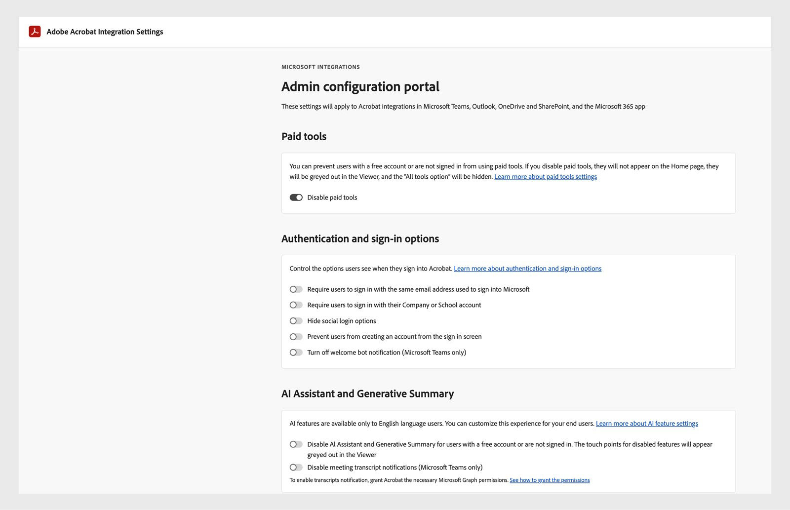 Acrobat admin portal displays a list of settings to customize Acrobat experience in Microsoft integrations.