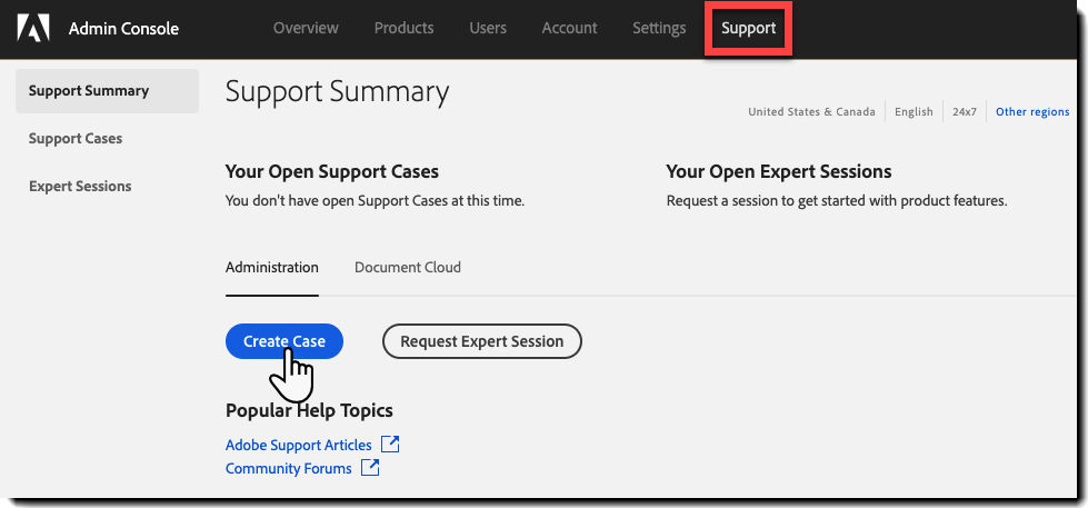 Support tab in the Admin Console