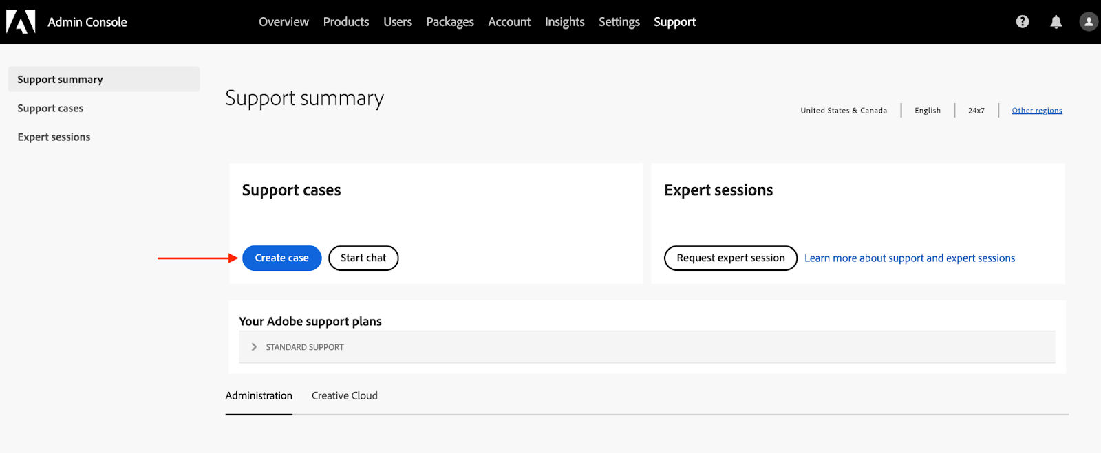adobe admin console support screen