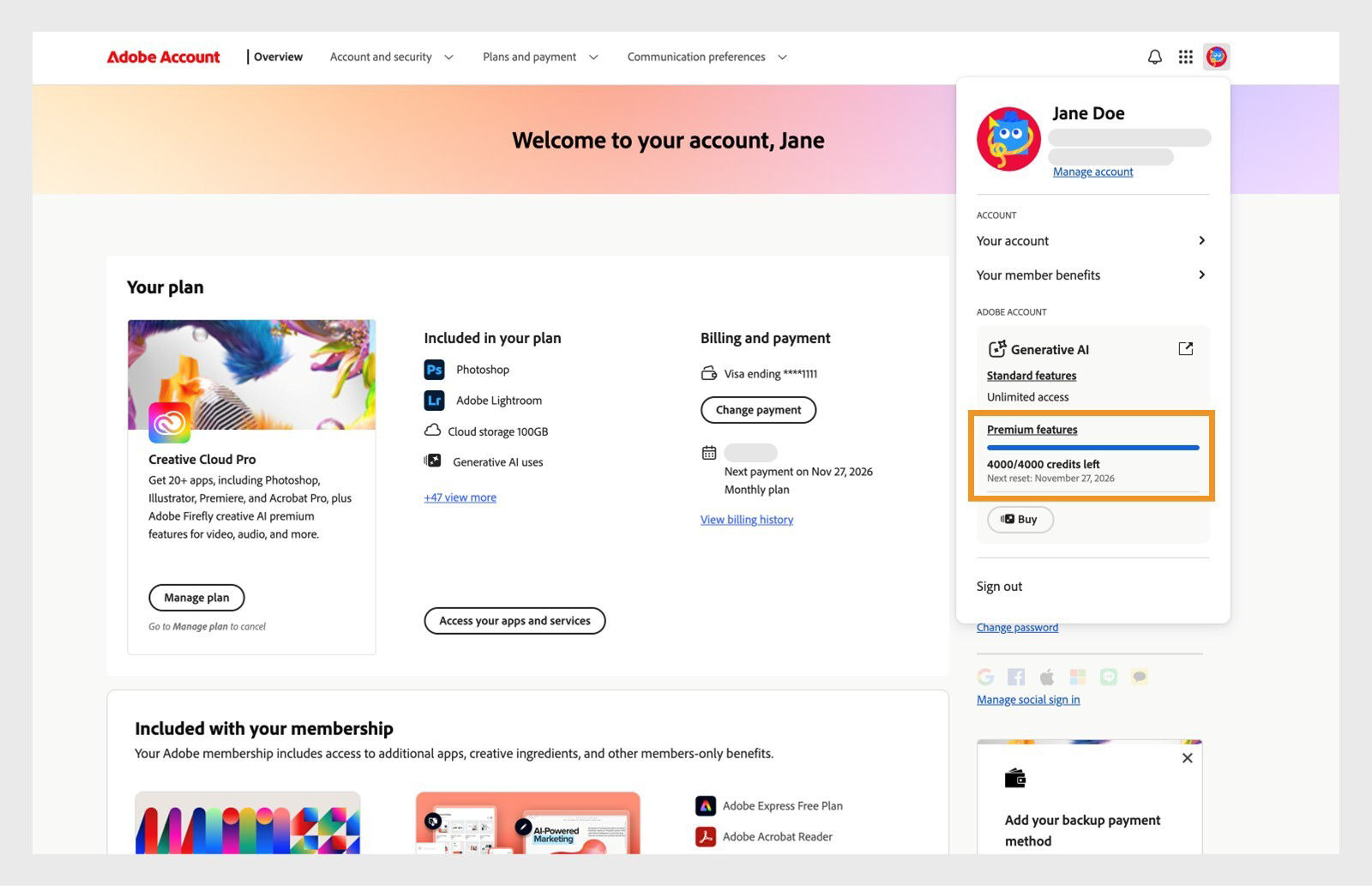 Adobe account showing the number of generative credits available to you.