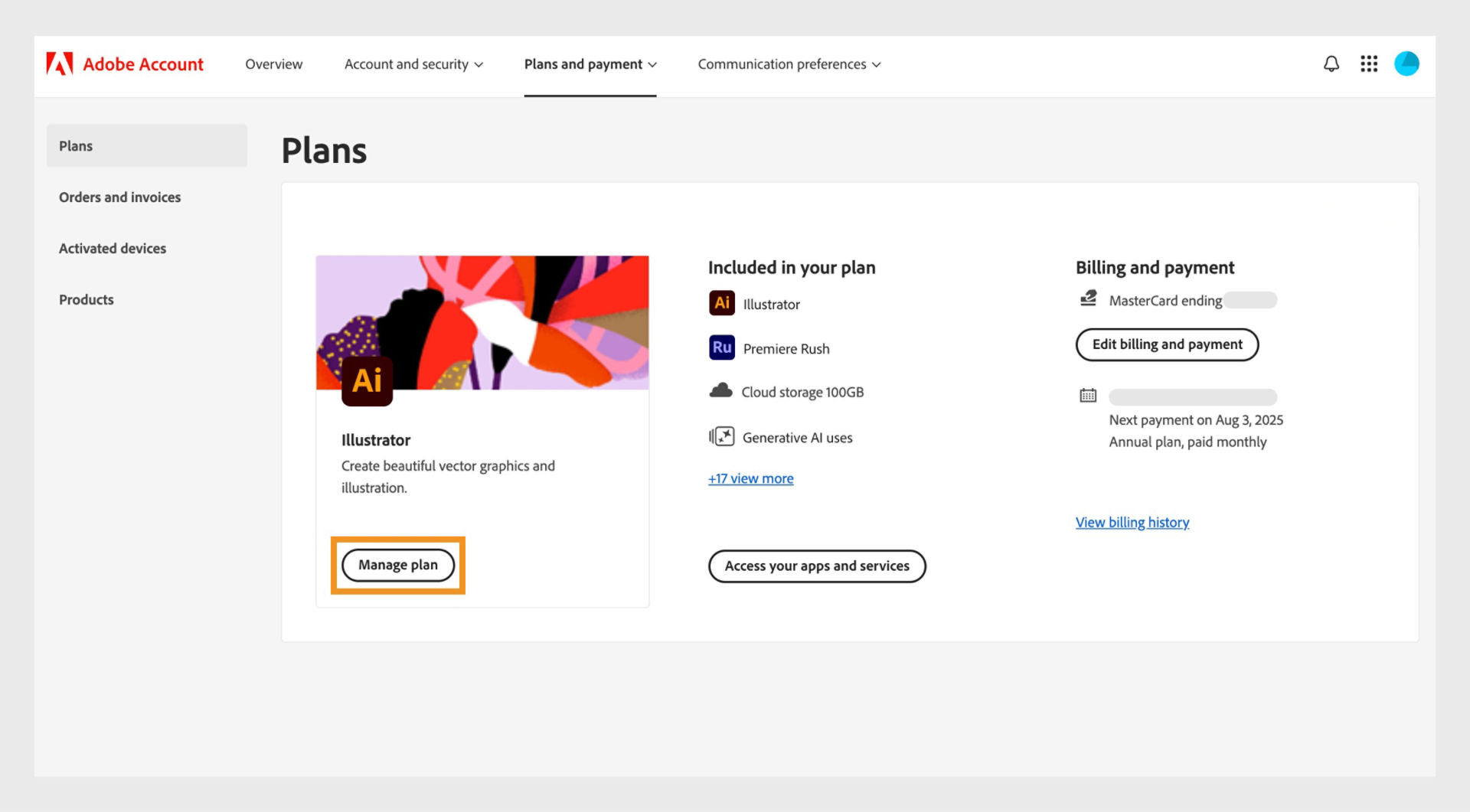 The Manage plan button in the Plans page in Adobe account provides the option to upgrade storage..