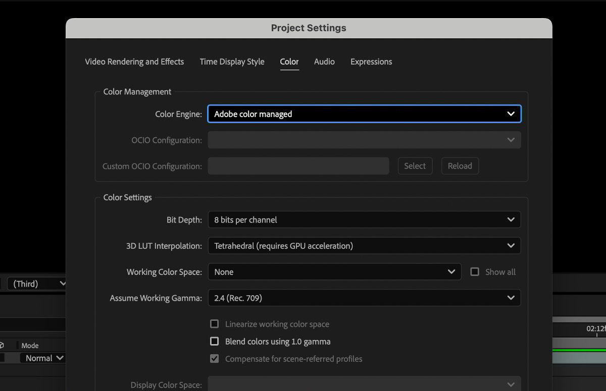The Project Settings dialog box is open and the color engine selected is Adobe color managed.