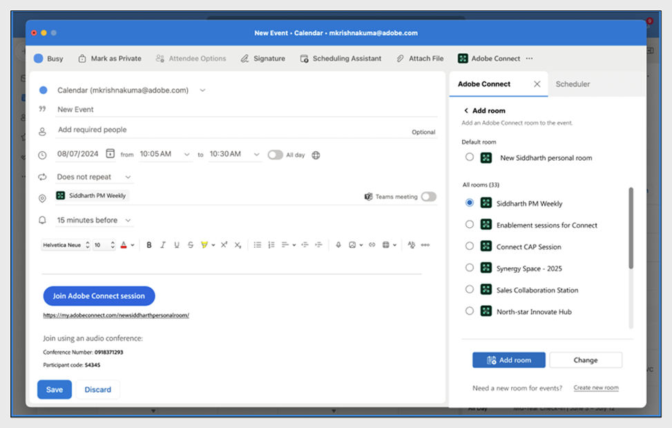 Add-in screen to select and add an Adobe Connect room to an Outlook event