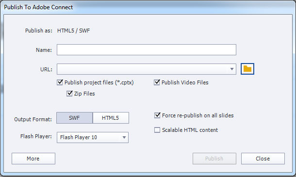 Publishing a project to Adobe Connect