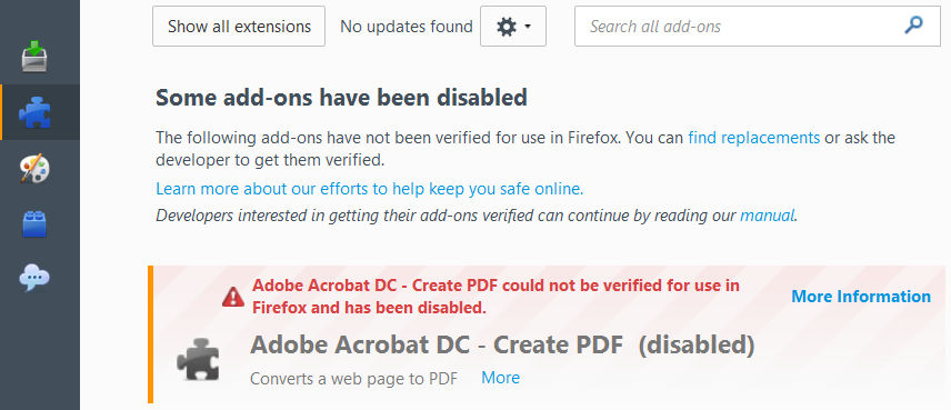 Adobe Create PDF plug-in disabled in Firefox