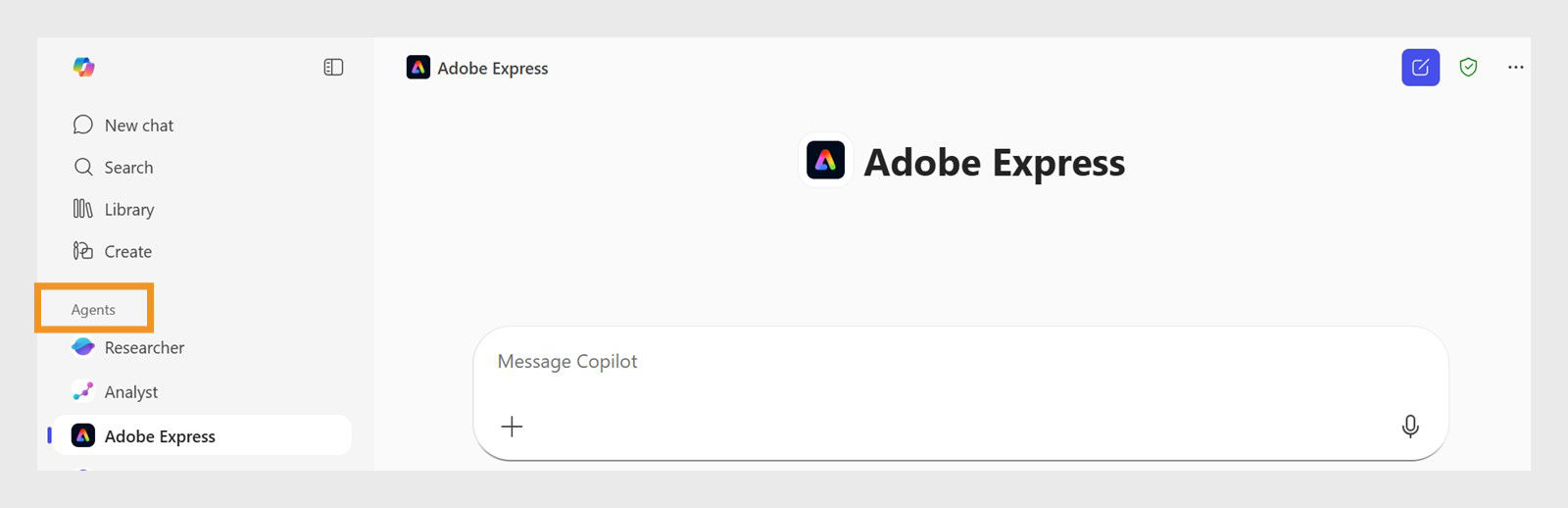 Copilot interface with the left navigation open showing Agents and Adobe Express added as a agent.