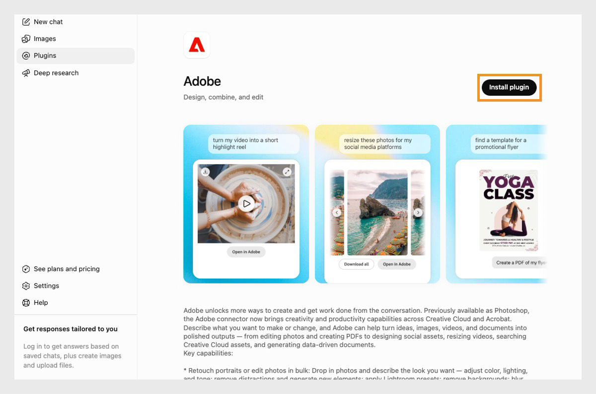 The Adobe connector page in ChatGPT shows sample workflows and a Connect button.