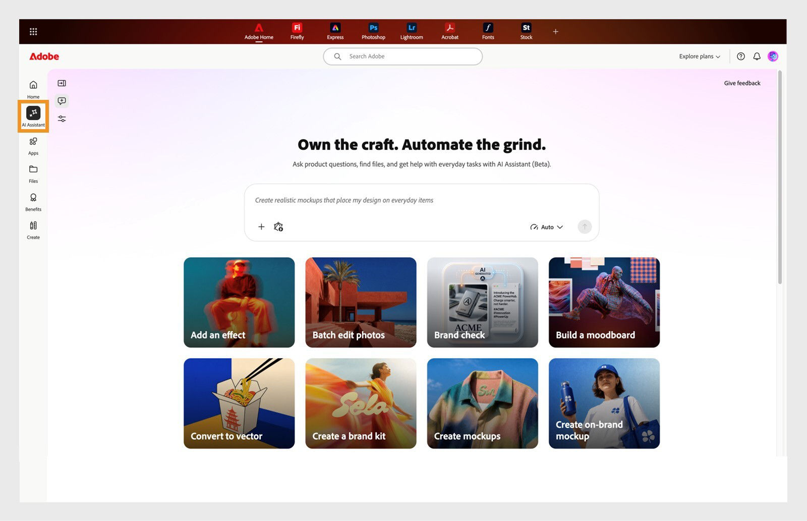 Adobe Home screen showing AI Assistant (beta)