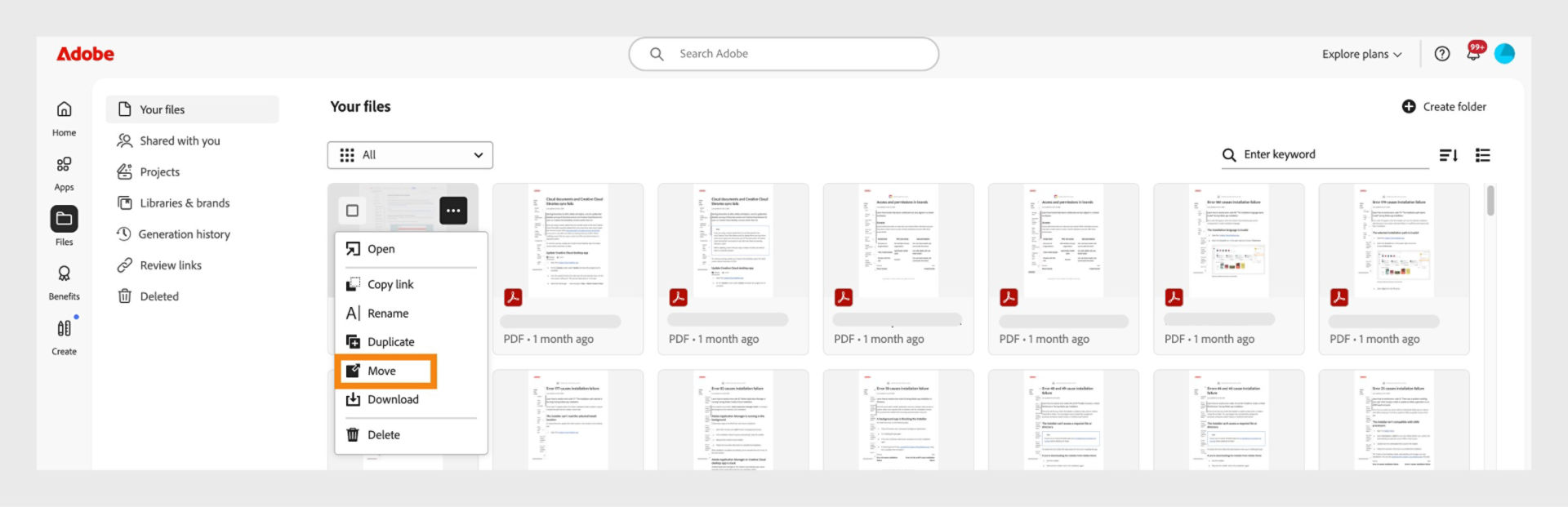 Adobe web interface showing a file’s options menu open, with the Move option highlighted for relocating the selected document.