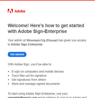 Get Started email from Adobe Sign