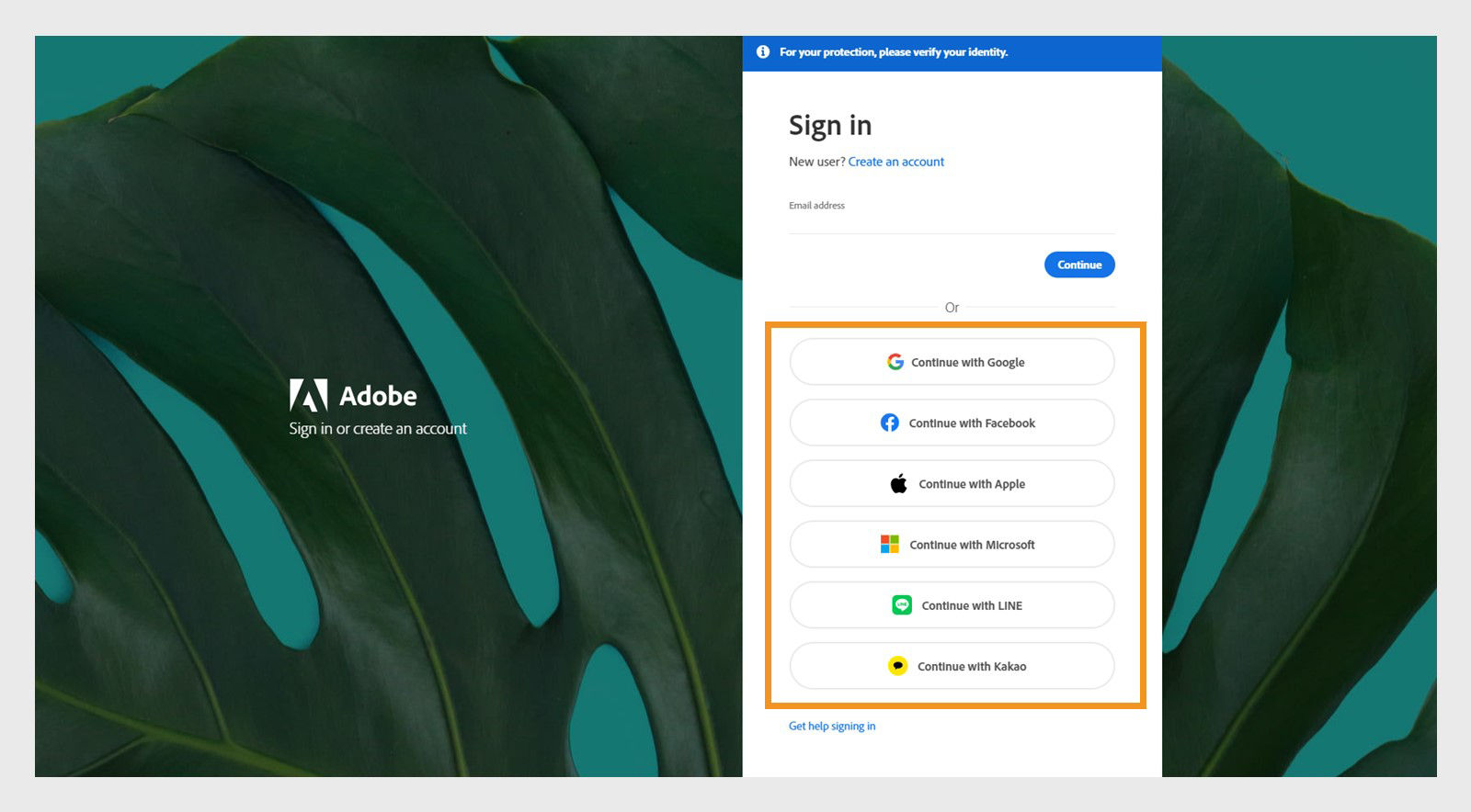 Sign in screen to create a new Adobe account