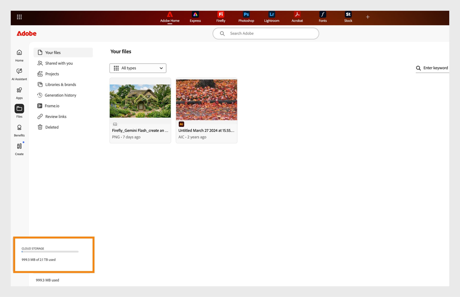 The cloud storage progress graph displays your storage details when you hover over the storage information at the bottom-left corner in the Files tab.