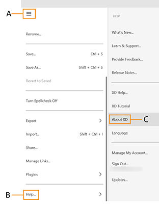 Adobe XD menu on Windows