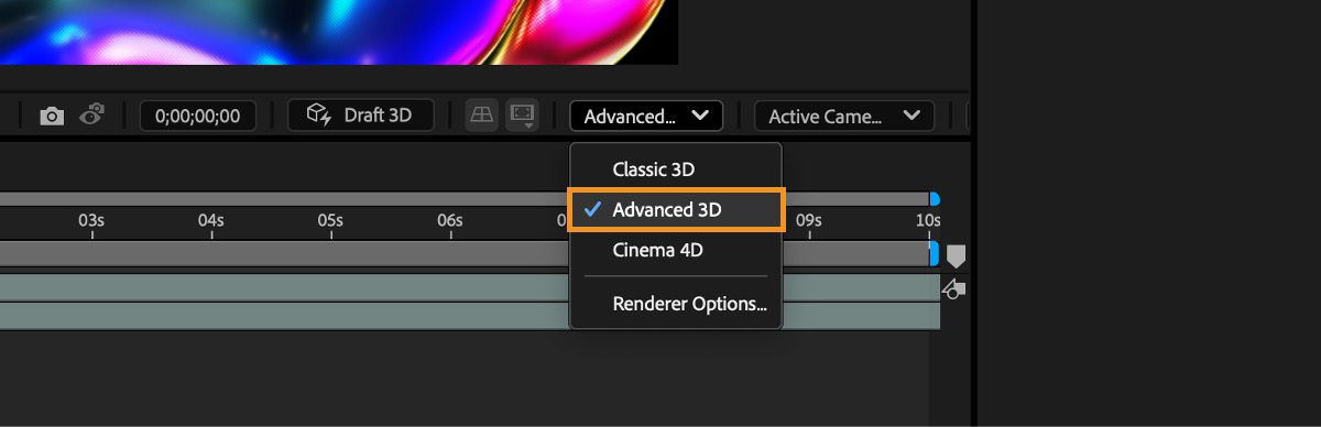 A screenshot that shows the Advanced 3D option selected in the 3D Renderer dropdown menu.