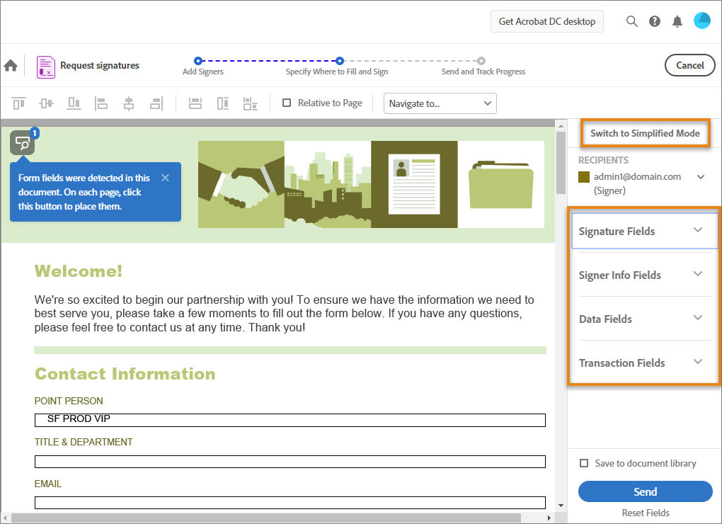 Add signature fields in the document