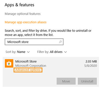 Click Advanced options under Apps & features