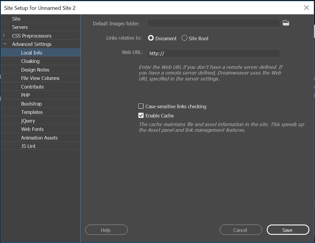 Advanced settings in site setup 