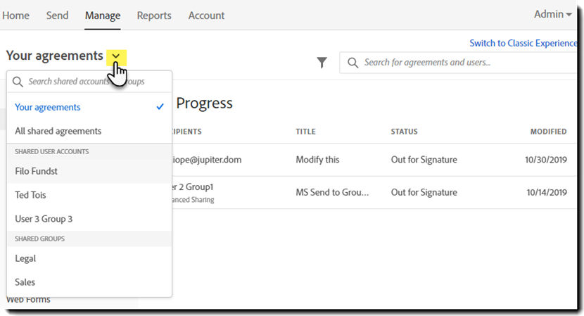 Select the drop down arrow on your manage page