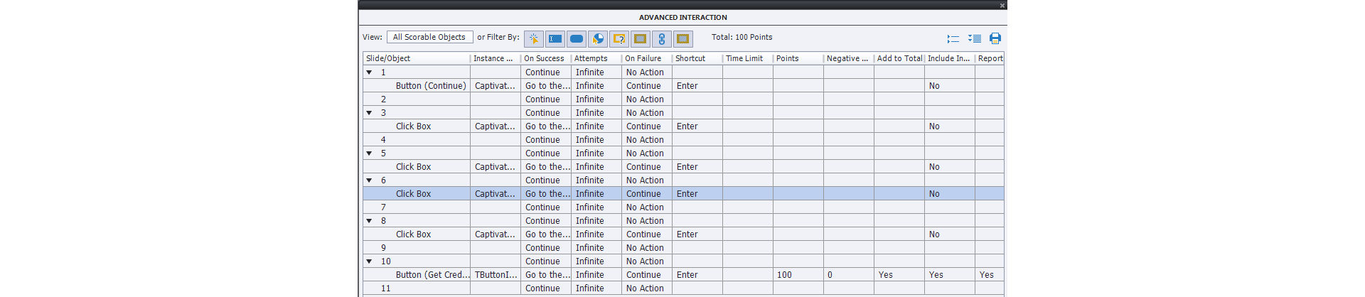 Advanced Interaction dialog box in LMS to check scoring before publishing