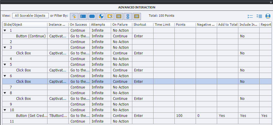 Advanced Interaction dialog box in LMS to check scoring before publishing