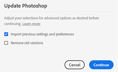 Advanced options available after you click Update in the Creative Cloud desktop app