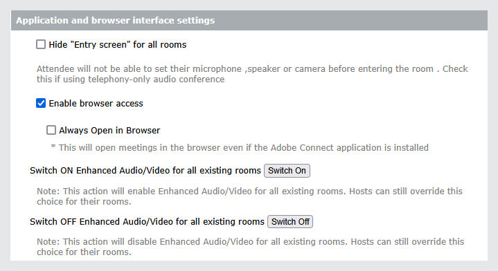 Application and browser interface settings