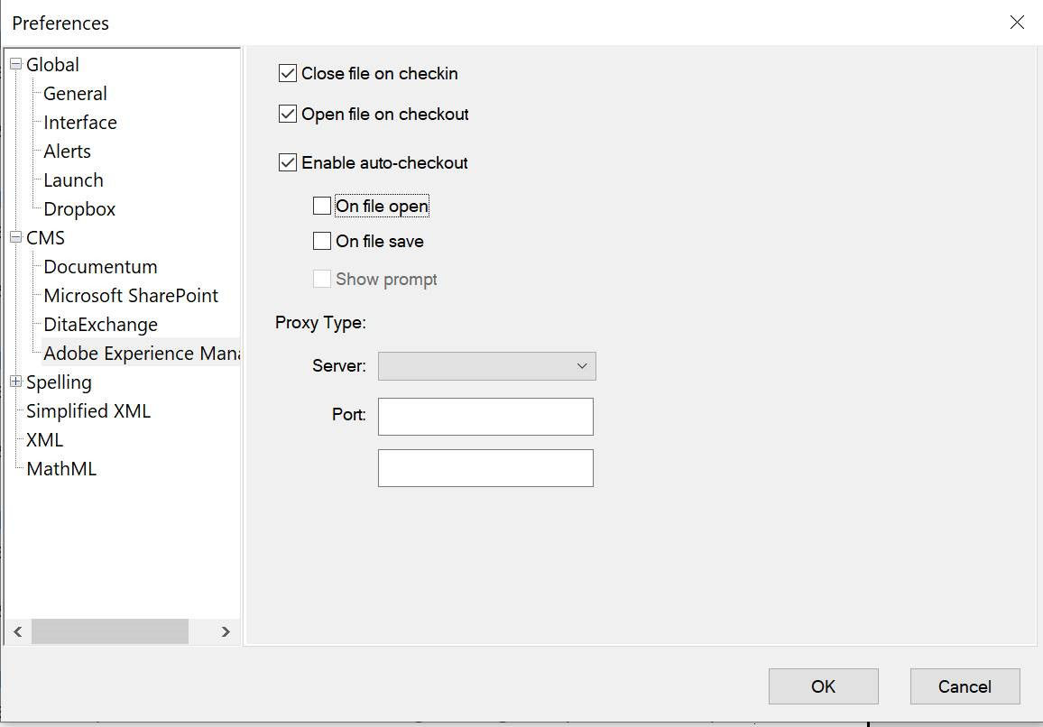 Adobe Experience Manager settings in the Preferences dialog