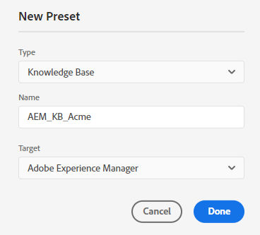 Select AEM as KB preset