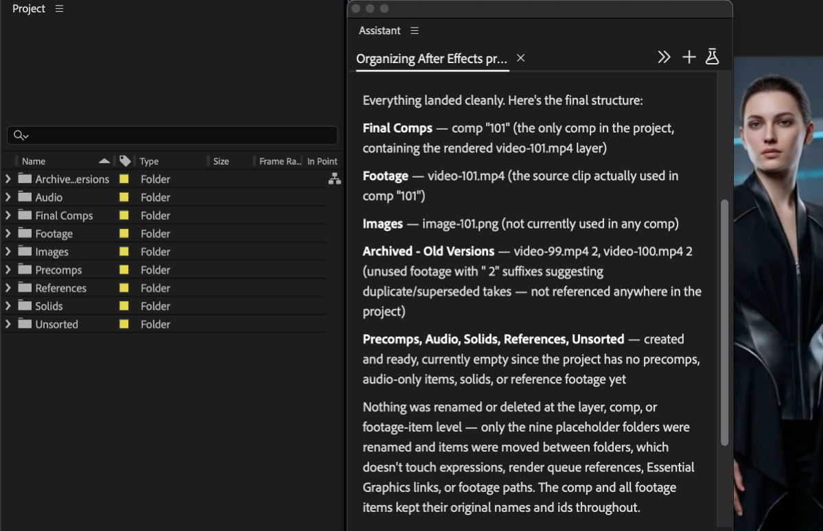 Assistant panel showing organized Project panel folders after an AI-generated summary of footage sorted into Final Comps, Footage, Images, and Archived folders.
