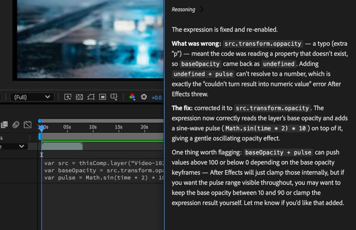 The Assistant panel explains that a missing layer reference and a misspelled property are causing an expression error.