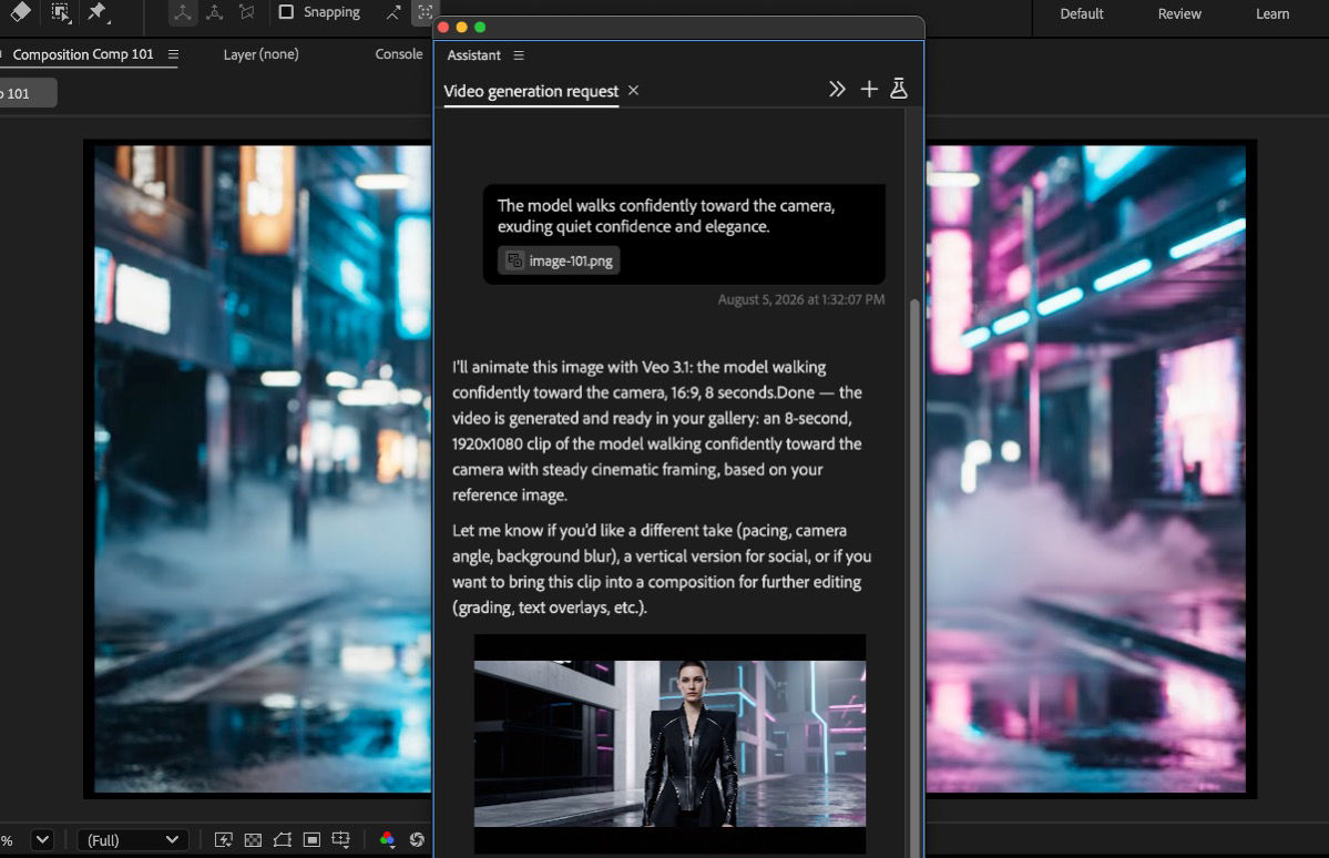The Assistant panel shows a generated video created from a reference image and a plain-language animation request.