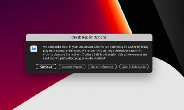 Crash Repair Options dialog when After Effects is relaunched after a crash.