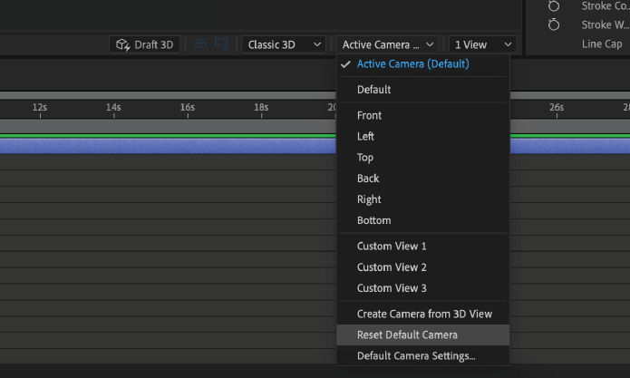 Using the 3D View menu in the Composition panel to reset the camera.