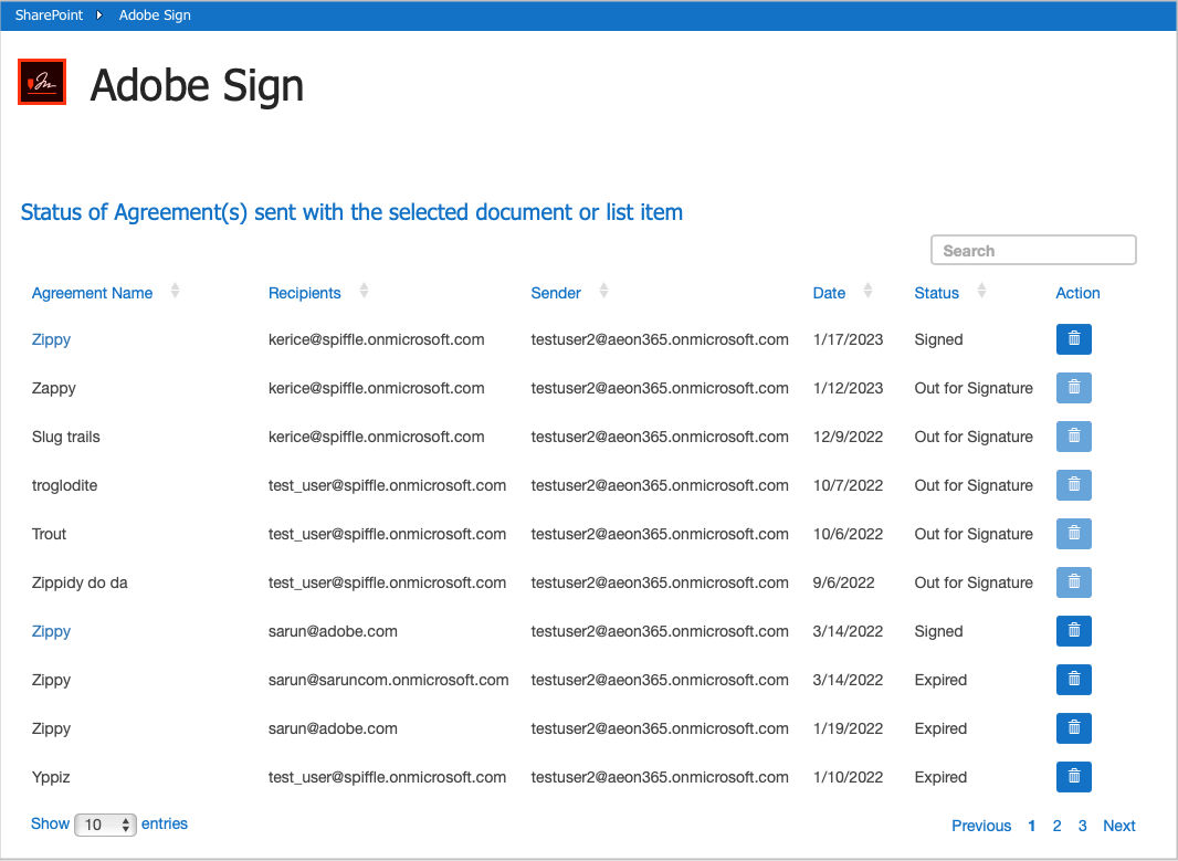 Le statut de l’accord est automatiquement mis à jour dans Adobe Acrobat Sign pour Microsoft SharePoint.