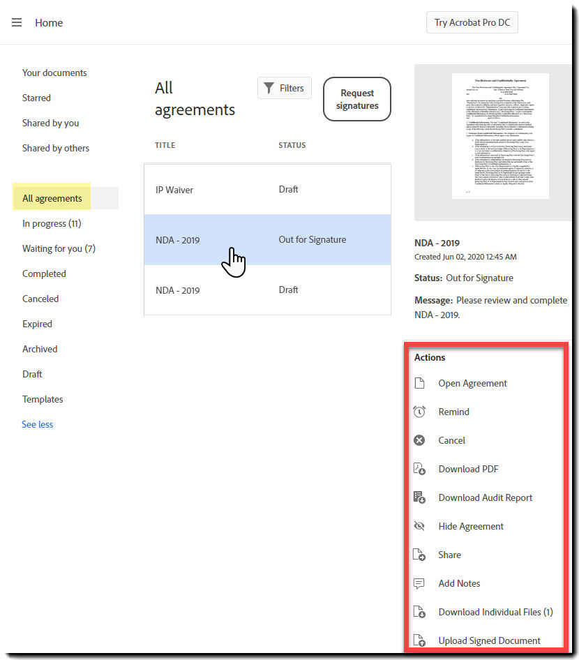 Agreement Actions