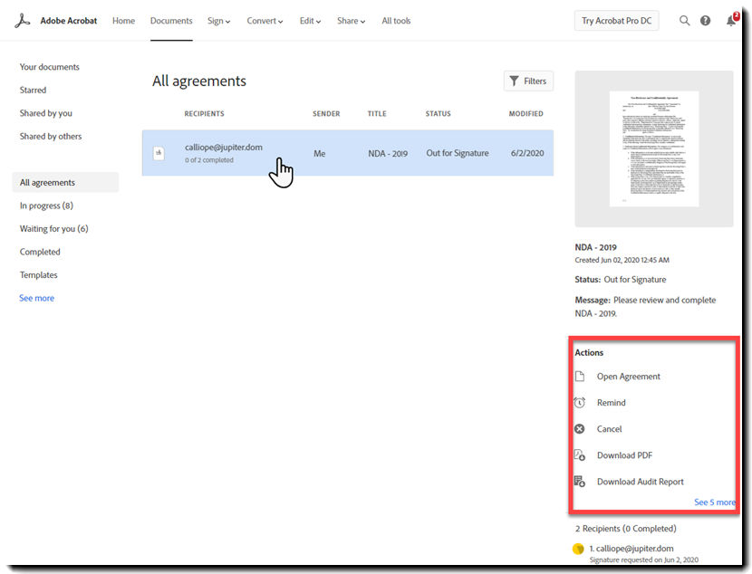 Agreement actions on the Documents page