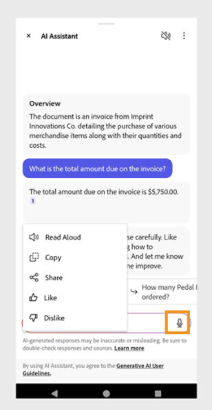 AI Assistant panel showing a voice icon for voice-based questions.